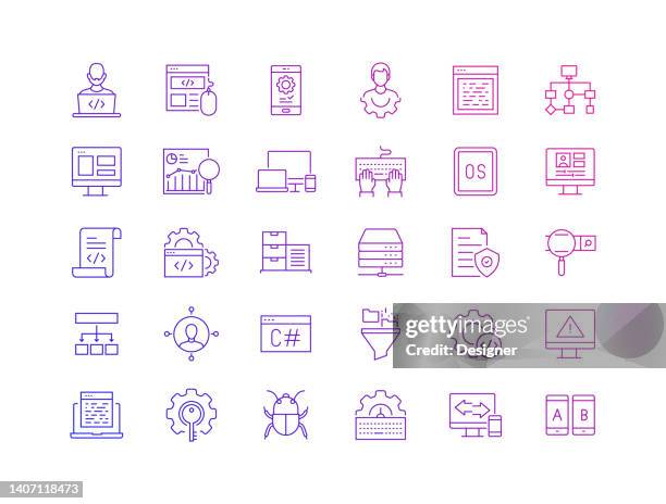 ilustraciones, imágenes clip art, dibujos animados e iconos de stock de conjunto simple de iconos de línea fina vectorial relacionada con la programación. colección de símbolos de esquema. - manuscript