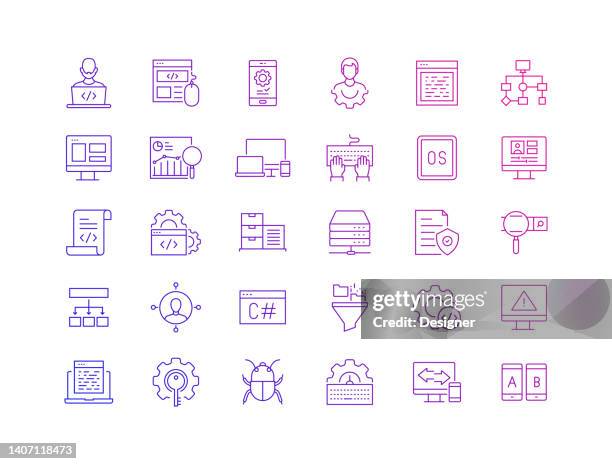 simple set of programming related vector thin line icons. outline symbol collection. - computer programmer working stock illustrations