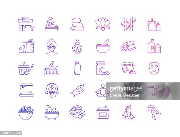 illustrazioni stock, clip art, cartoni animati e icone di tendenza di set semplice di icone vettoriali a linea sottile correlate agli elementi spa. insieme outline symbol. - personale medico