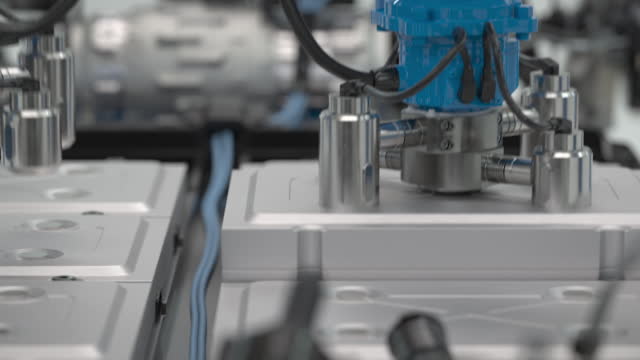 Close-up side view of robots assembling the battery module of an electric car