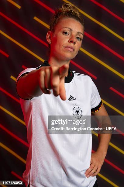 Linda Dallmann of Germany poses for a portrait during the official UEFA Women's EURO 2022 portrait session on April 04, 2022 in Rheda-Wiedenbruck,...