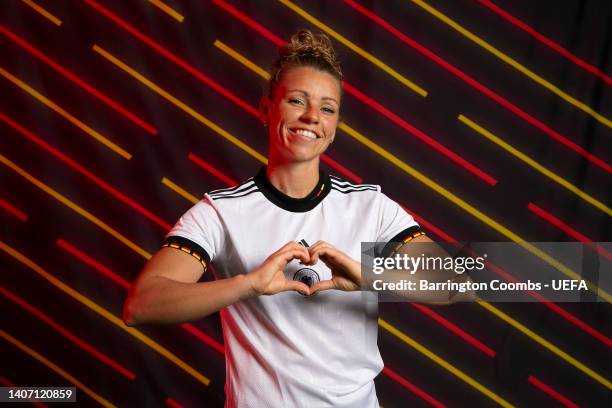 Linda Dallmann of Germany poses for a portrait during the official UEFA Women's EURO 2022 portrait session on April 04, 2022 in Rheda-Wiedenbruck,...