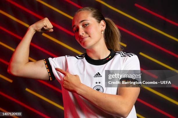 Sydney Lohmann of Germany poses for a portrait during the official UEFA Women's EURO 2022 portrait session on April 04, 2022 in Rheda-Wiedenbruck,...