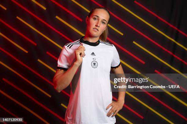 Sydney Lohmann of Germany poses for a portrait during the official UEFA Women's EURO 2022 portrait session on April 04, 2022 in Rheda-Wiedenbruck,...