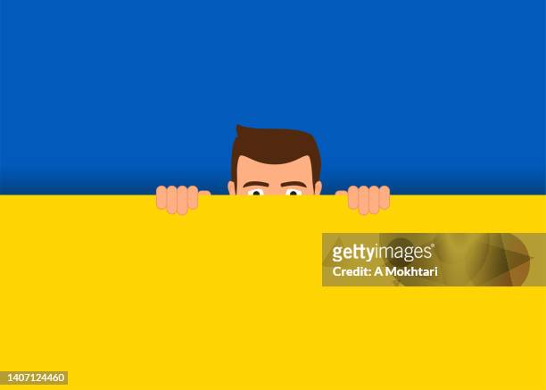 ukrainian flag with man hiding in fear, he is looking for hope with a look to the future and also to us! - nervous person clipart free stock illustrations