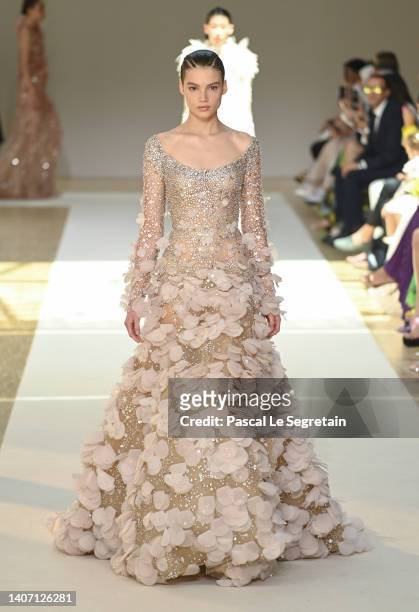 Model walks the runway during the Elie Saab Haute Couture Fall Winter 2022 2023 show as part of Paris Fashion Week on July 06, 2022 in Paris, France.