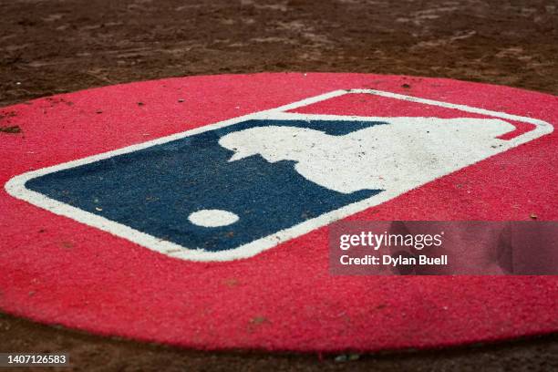 General view of the MLB logo on the on-deck circle during the game between the New York Mets and the Cincinnati Reds at Great American Ball Park on...