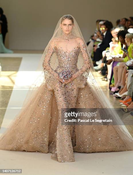 Model walks the runway during the Elie Saab Haute Couture Fall Winter 2022 2023 show as part of Paris Fashion Week on July 06, 2022 in Paris, France.