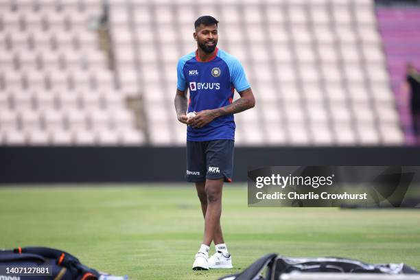 Hardik Pandya of India during an Indian net session at Ageas Bowl on July 06, 2022 in Southampton, England.