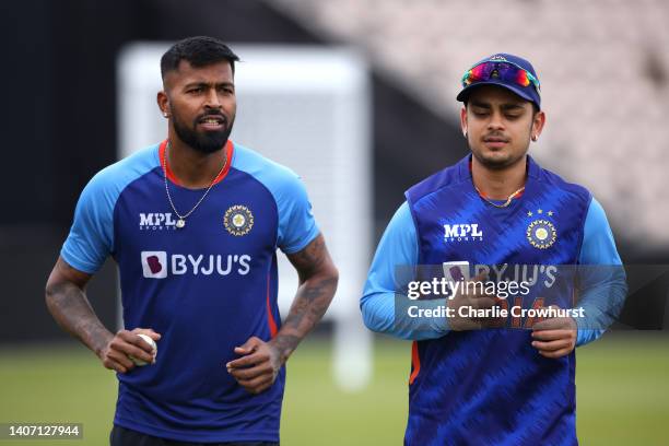 Hardik Pandya and Ishan Kishan of India during an Indian net session at Ageas Bowl on July 06, 2022 in Southampton, England.