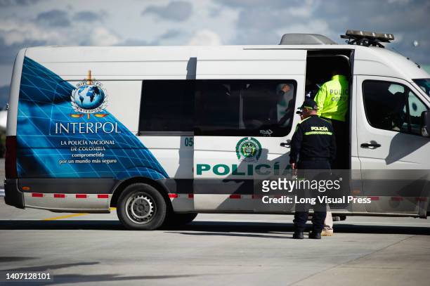 An Interpol Police Transport arrives with Nini Johana Usuga alias 'La Negra', sister of Colombian drug lord Dairo Antonio Usuga, alias 'Otoniel',...