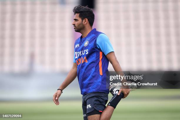 Bhuvneshwar Kumar of India during an Indian net session at Ageas Bowl on July 06, 2022 in Southampton, England.