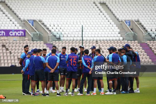 The India team huddle for a team talk during an Indian net session at Ageas Bowl on July 06, 2022 in Southampton, England.