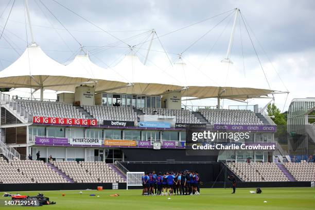 The India team huddle for a team talk during an Indian net session at Ageas Bowl on July 06, 2022 in Southampton, England.