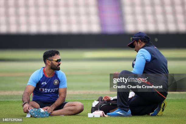 Dinesh Karthik of India during an Indian net session at Ageas Bowl on July 06, 2022 in Southampton, England.