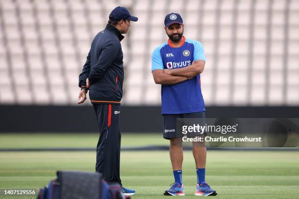 India Captain Rohit Sharma chats with VVS Laxman during an Indian net session at Ageas Bowl on July 06, 2022 in Southampton, England.
