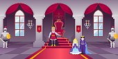 Castle ballroom. Interior of medieval palace hall. Royal room with monarch throne. King and queen. Emperor family. Princess and knights. Fantasy kingdom. Cartoon vector illustration