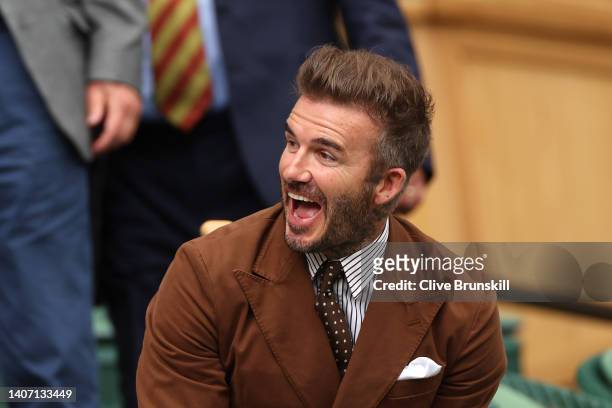 David Beckham is seen in the Royal Box before Rafael Nadal of Spain plays against Taylor Frirtz of The United States during their Men's Singles...
