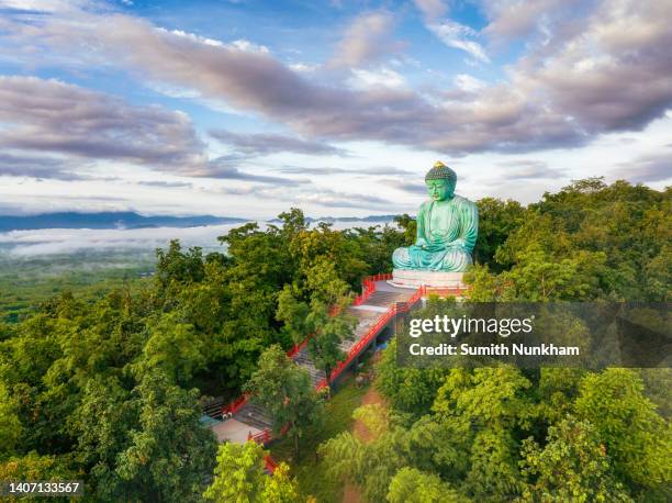 great daibutsu buddha statue on the top hill surround the forest in wat phra that doi phra chan temple at mae tha district, lampang province of thailand. - giant buddha stock pictures, royalty-free photos & images