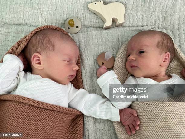 nouveau-né garçon et fille jumeau dans un parc pour enfants - gémellité photos et images de collection