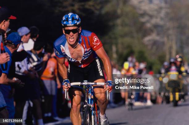 Lance Armstrong of the United States riding for the Motorola Cycling Team climbs Beech Mountain during Stage 9 of the Tour DuPont cycling stage race...