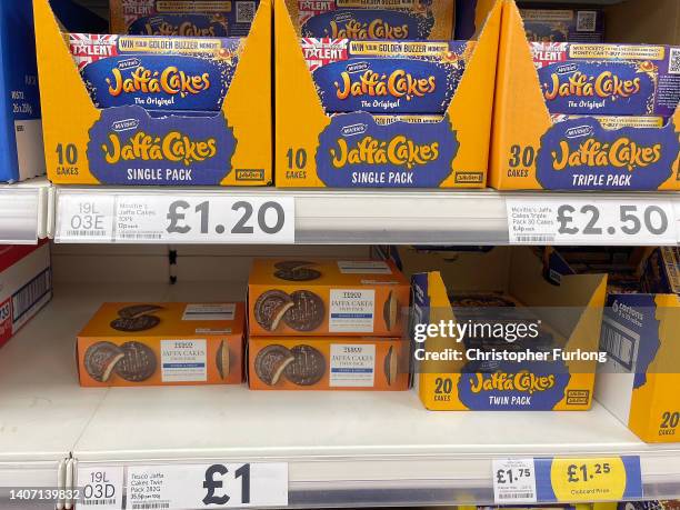 Jaffa Cakes on display in a Tesco supermarket on July 06, 2022 in Northwich, England. The British Retail Consortium recently said food manufacturers...