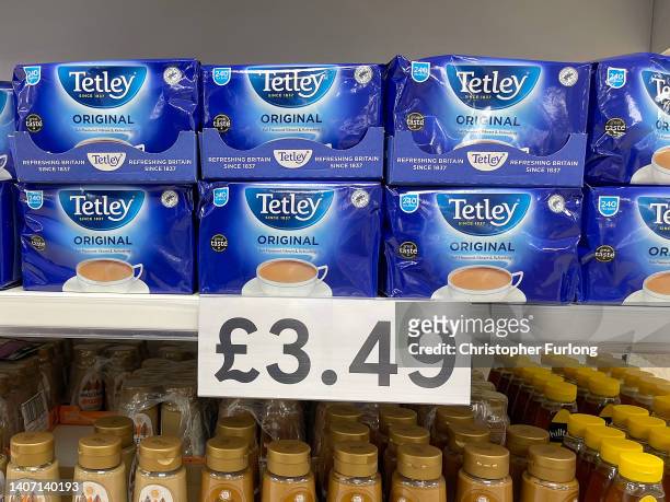 Tetley tea bags sit on display in a Tesco supermarket on July 06, 2022 in Northwich, England. The British Retail Consortium recently said food...
