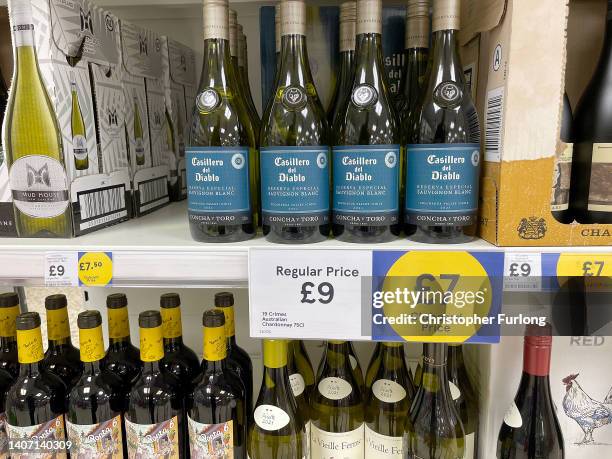 Bottles of white wine con July 06, 2022 in Northwich, England. The British Retail Consortium recently said food manufacturers and supermarkets are...