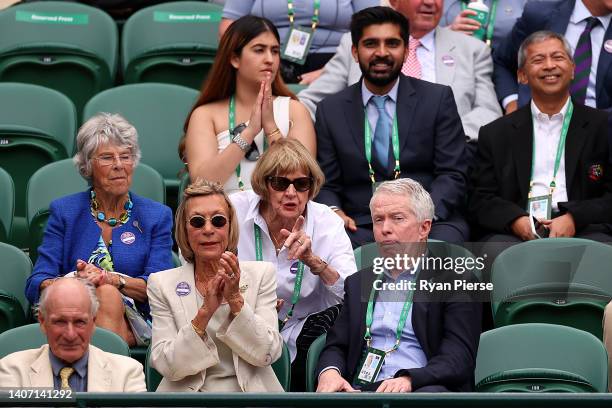 Craig Tiley, CEO of Tennis Australia talks with Margaret Court as they watch the match between Nick Kyrgios of Australia and Cristian Garin of Chile...