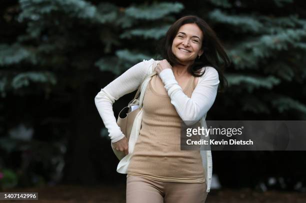 Sheryl Sandberg, outgoing Chief Operating Officer of Meta, walks to a morning session during the Allen & Company Sun Valley Conference on July 06,...