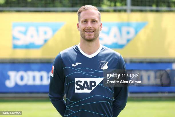 Oliver Baumann of TSG Hoffenheim poses during the team presentation at the club's training ground on July 06, 2022 in Zuzenhausen, Germany.