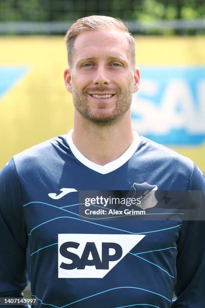 Oliver Baumann of TSG Hoffenheim poses during the team presentation at the club's training ground on July 06, 2022 in Zuzenhausen, Germany.