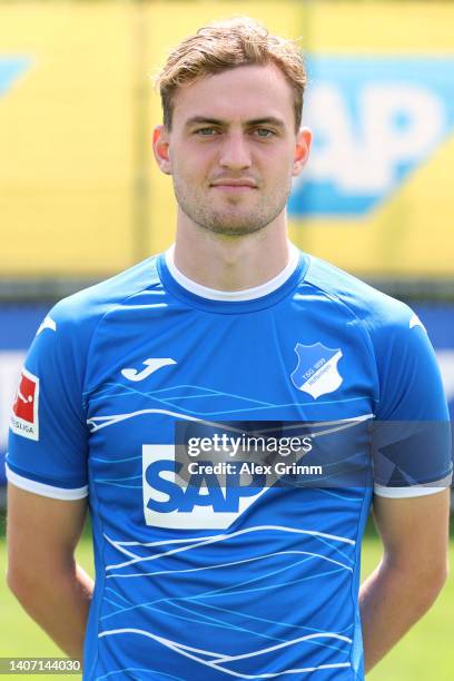 Jacob Bruun Larsen of TSG Hoffenheim poses during the team presentation at the club's training ground on July 06, 2022 in Zuzenhausen, Germany.