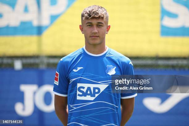 Tom Bischof of TSG Hoffenheim poses during the team presentation at the club's training ground on July 06, 2022 in Zuzenhausen, Germany.