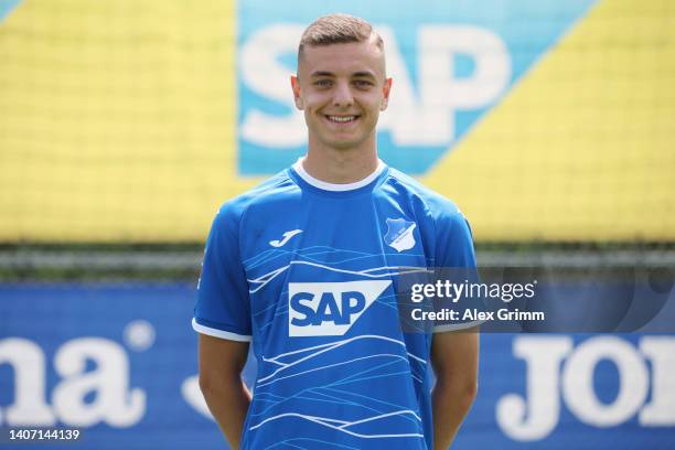 Fisnik Asllani of TSG Hoffenheim poses during the team presentation at the club's training ground on July 06, 2022 in Zuzenhausen, Germany.