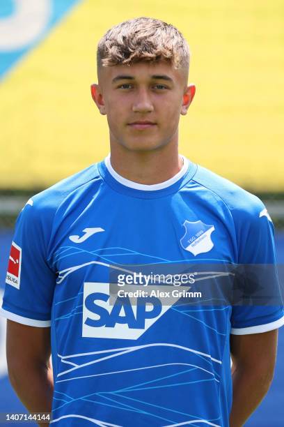 Tom Bischof of TSG Hoffenheim poses during the team presentation at the club's training ground on July 06, 2022 in Zuzenhausen, Germany.
