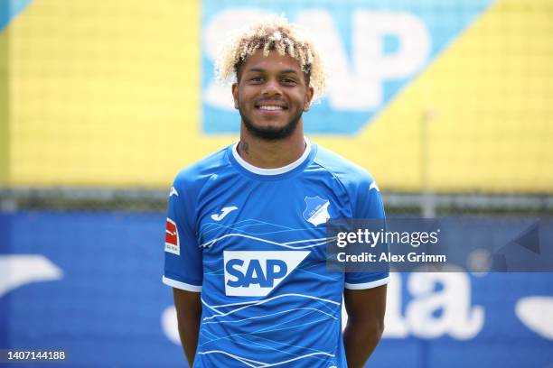 Georginio Rutter of TSG Hoffenheim poses during the team presentation at the club's training ground on July 06, 2022 in Zuzenhausen, Germany.
