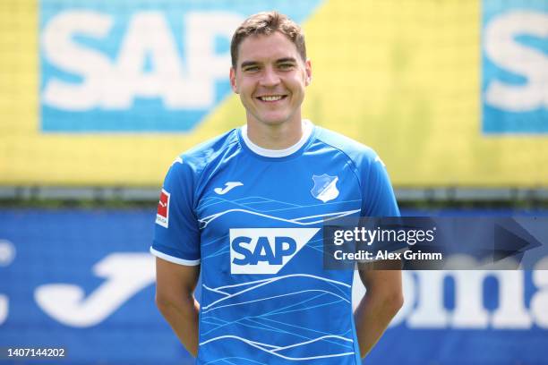 Robert Skov of TSG Hoffenheim poses during the team presentation at the club's training ground on July 06, 2022 in Zuzenhausen, Germany.