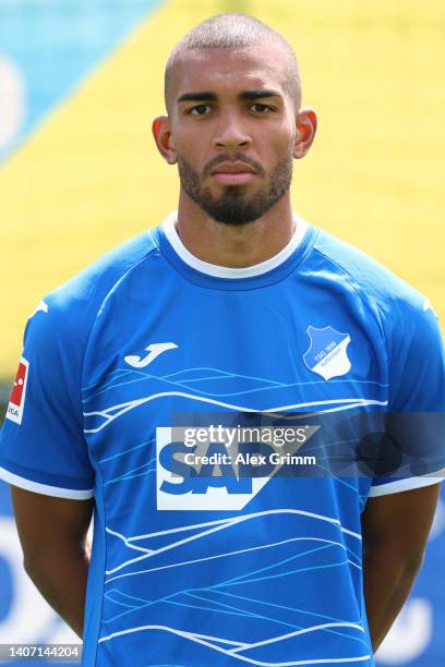 Kevin Akpoguma of TSG Hoffenheim poses during the team presentation at the club's training ground on July 06, 2022 in Zuzenhausen, Germany.