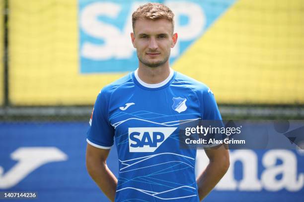 Stefan Posch of TSG Hoffenheim poses during the team presentation at the club's training ground on July 06, 2022 in Zuzenhausen, Germany.