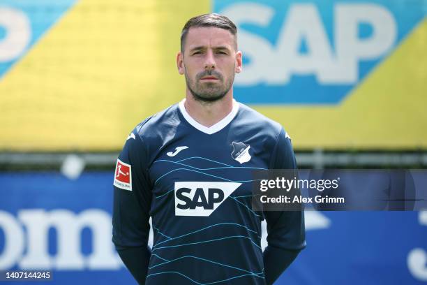 Philipp Pentke of TSG Hoffenheim poses during the team presentation at the club's training ground on July 06, 2022 in Zuzenhausen, Germany.