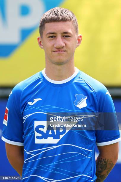 Angelo Stiller of TSG Hoffenheim poses during the team presentation at the club's training ground on July 06, 2022 in Zuzenhausen, Germany.