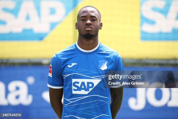 Melayro Bogarde of TSG Hoffenheim poses during the team presentation at the club's training ground on July 06, 2022 in Zuzenhausen, Germany.