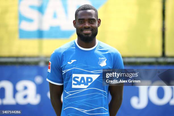 Kasim Adams Nuhu of TSG Hoffenheim poses during the team presentation at the club's training ground on July 06, 2022 in Zuzenhausen, Germany.