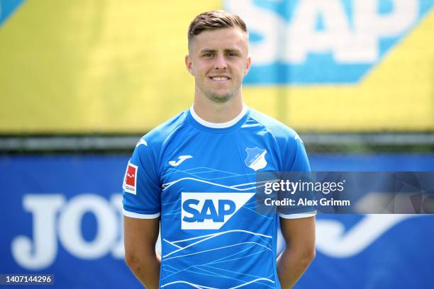 Christoph Baumgartner of TSG Hoffenheim poses during the team presentation at the club's training ground on July 06, 2022 in Zuzenhausen, Germany.