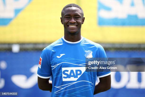 Diadie Samassekou of TSG Hoffenheim poses during the team presentation at the club's training ground on July 06, 2022 in Zuzenhausen, Germany.