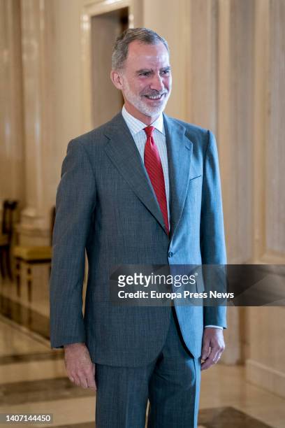 King Felipe VI upon his arrival to receive in audience the delegation of the American Jewish Committee at the Zarzuela Palace, on July 6 in Madrid,...