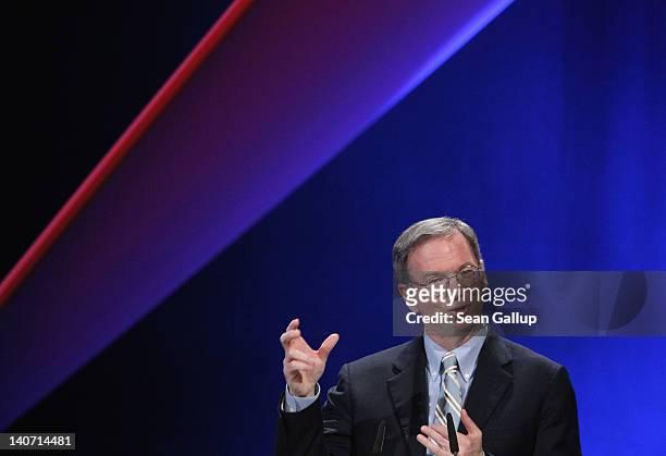 Eric Schmidt, Executive Chairman of Google Inc., speaks at the opening ceremony of the CeBIT 2012 technology trade fair on March 5, 2012 in Hanover,...