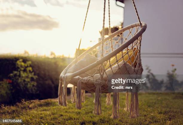 hanging chair in the backyard - hanging chair stock pictures, royalty-free photos & images