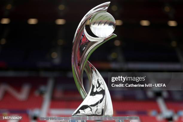General view of the UEFA Women's EURO 2022 trophy prior to the UEFA Women's EURO 2022 group A match between England and Austria at Old Trafford on...
